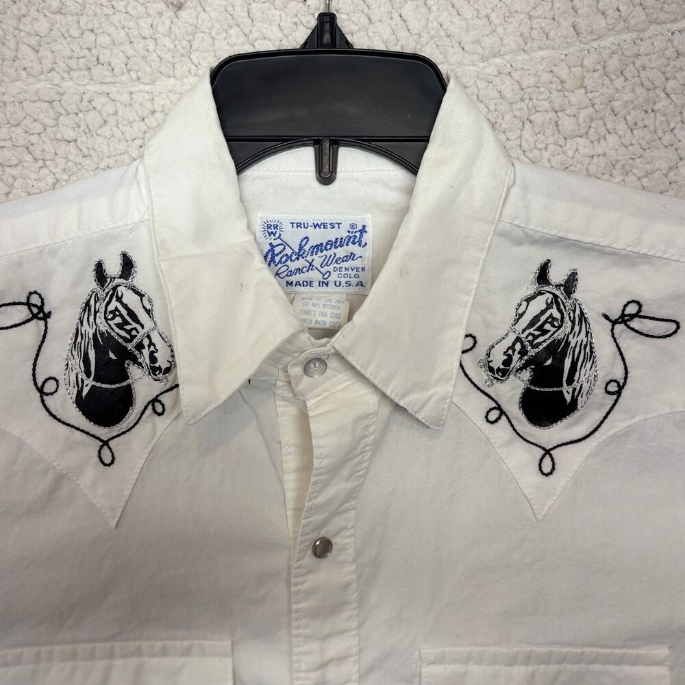Vintage Rockmount Ranch Wear Oversized Medium White Pearl Snap Horse Rockabilly